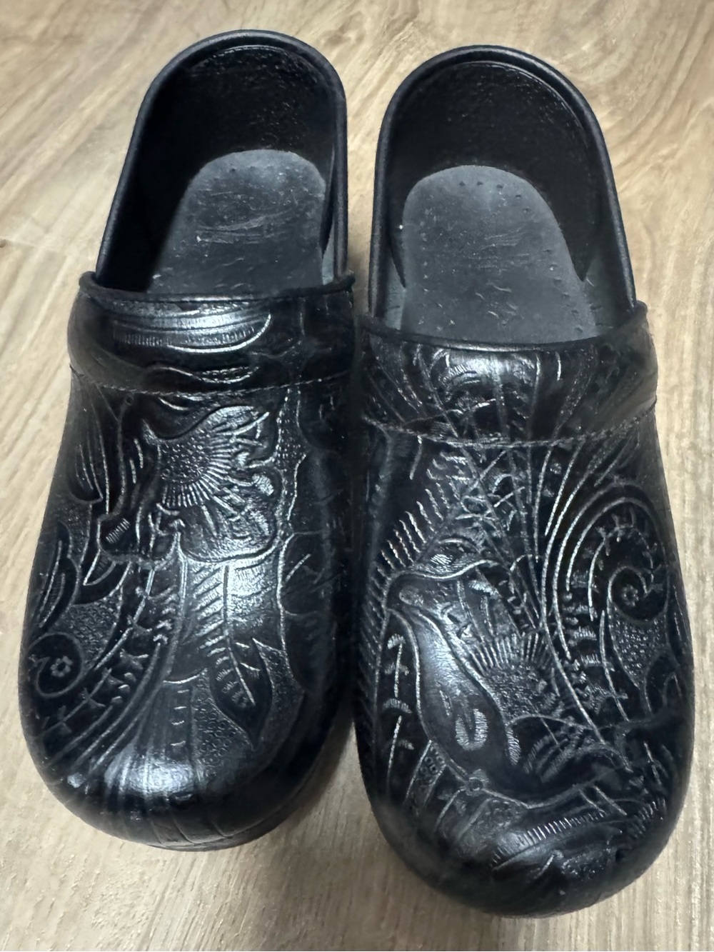 Women’s Black Slip-On Clogs with Floral Embossed Detail
